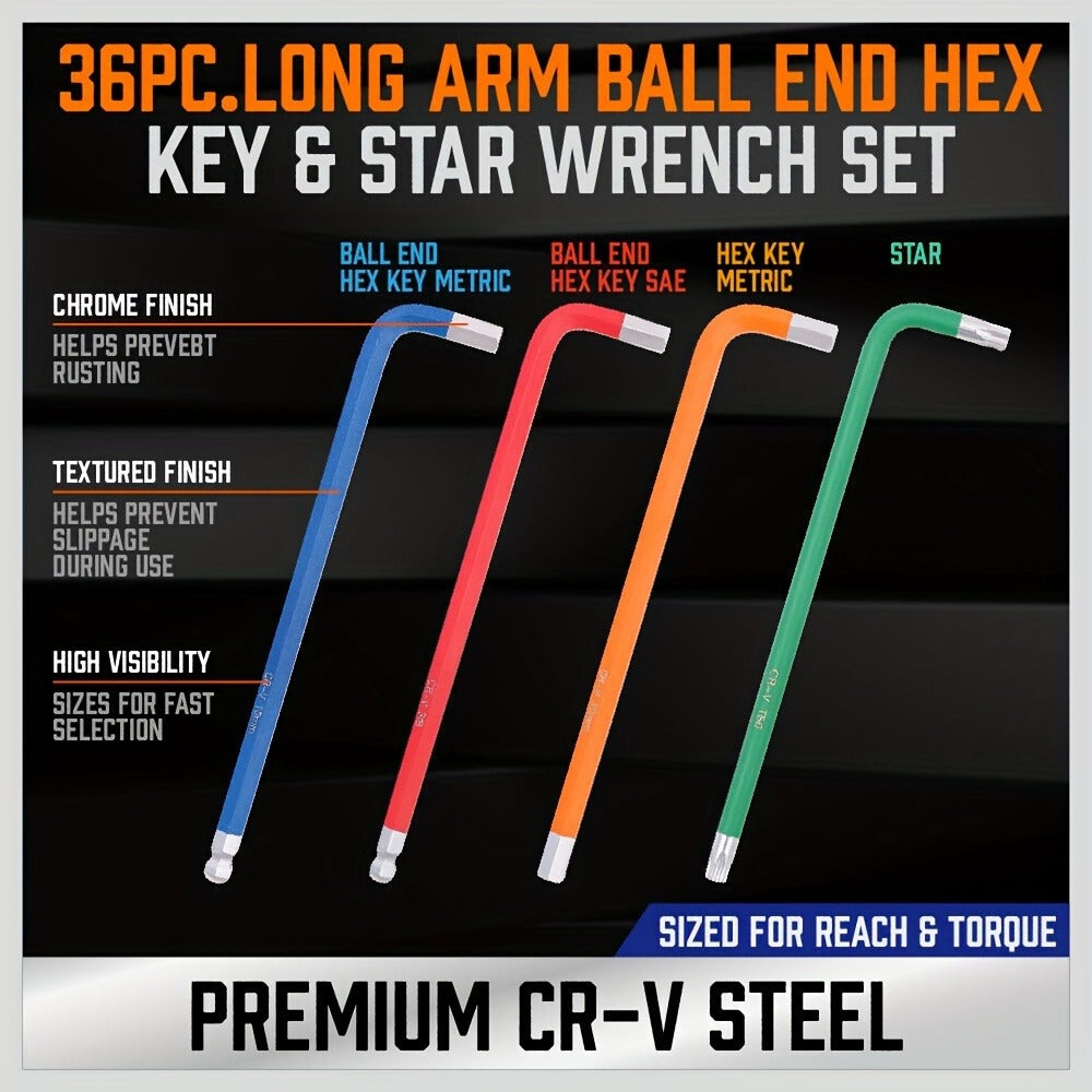 Allen Wrench Set Ball End Hex Key – SAE & Metric Color-Coded with T-Handle & Torx Keys Chrome Vanadium Steel for Bicycle Repair Auto DIY