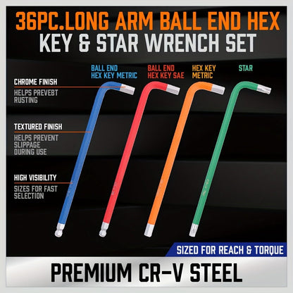 Allen Wrench Set Ball End Hex Key – SAE & Metric Color-Coded with T-Handle & Torx Keys Chrome Vanadium Steel for Bicycle Repair Auto DIY