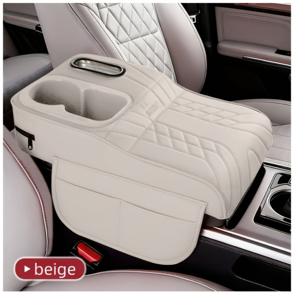 Center Console Tray Organizer with Cup Holder, Tissue Slot and Six Color Options in Black, Orange, Red, Brown or Beige