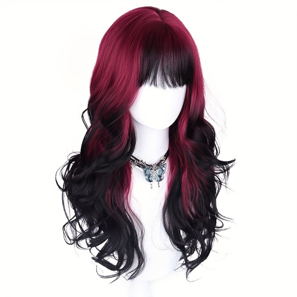 Long Curly Wig Black Red Highlights 28 Inch Wavy Synthetic Rose Net Cap Glamorous Voluminous Hair for Women Cosplay Party Halloween Daily