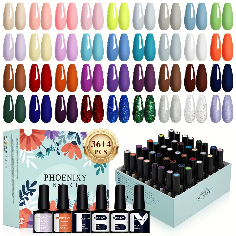 Gel Nail Polish 40-Piece Kit with 36 Colors, Base Coat, Glossy and Matte Top Coats, Glitter Shades and UV Cure