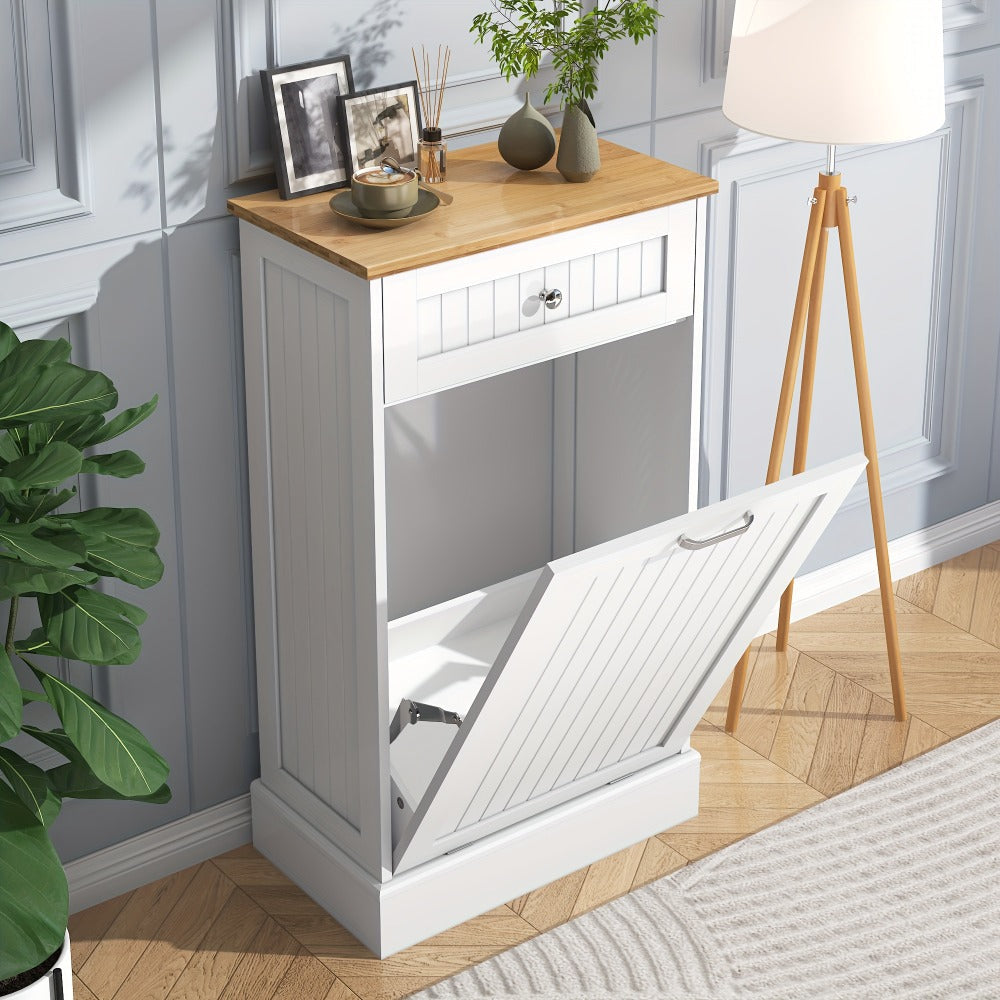 Tilt Out Trash Cabinet Freestanding Kitchen Garbage Cabinet with Cutting Board & Drawer, Wood Hideaway Recycling Station