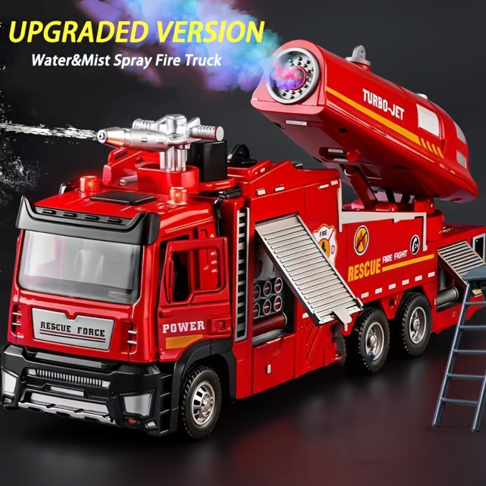 Zinc Alloy Fire Truck Toy with Water Mist Spray, Pull Back Fire Engine with Lights & Sounds