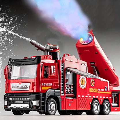 Zinc Alloy Fire Truck Toy with Water Mist Spray, Pull Back Fire Engine with Lights & Sounds