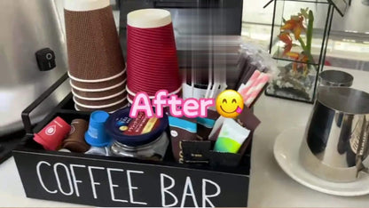 Wooden Coffee Bar Organizer with Farmhouse Sign and Rectangular Tray for Pods, Sugar, Creamer and Countertop Accessories