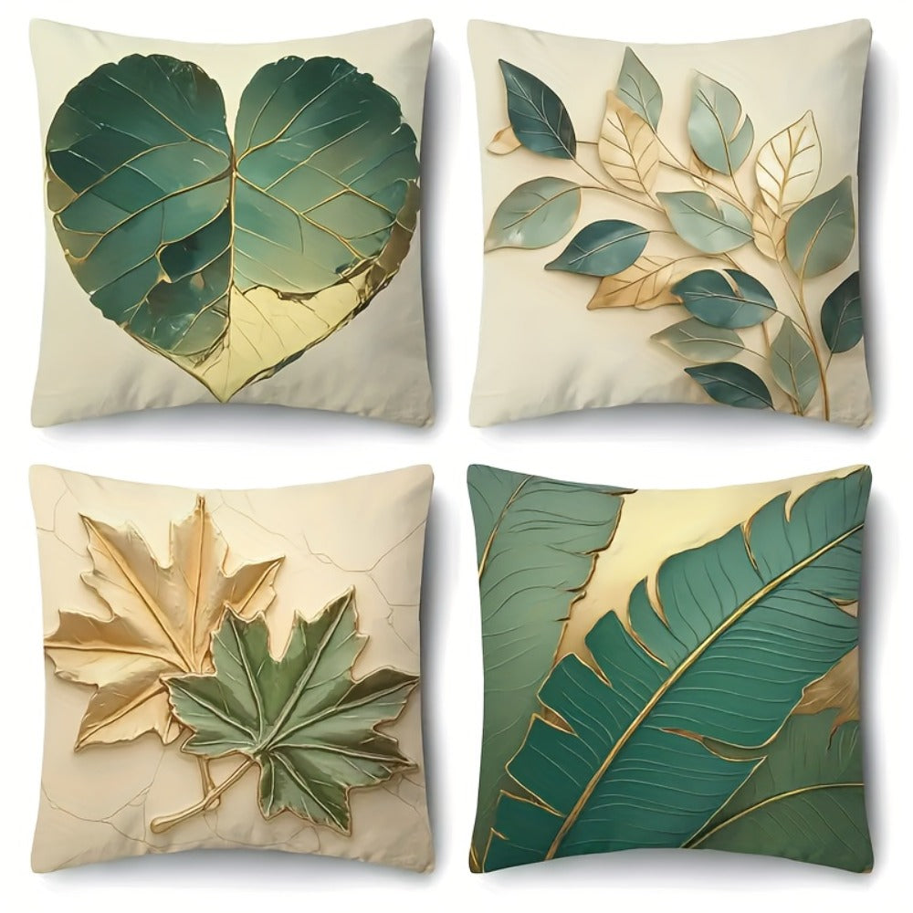 Green and Gold Leaf Throw Pillow Covers, Four-Piece 18 x 18-Inch Polyester Set with Zipper Openings