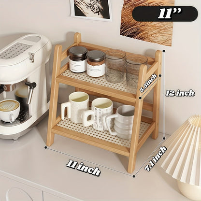 Bamboo Countertop Shelf Organizer 2-Tier – Trapezoidal Wooden Storage Rack for Kitchen Office Bedroom and Desk