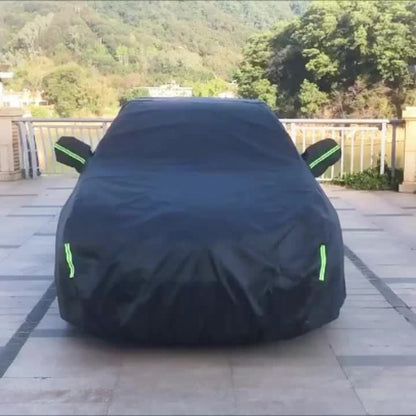 Black Full Car Cover in 190T Silver-Coated Cloth with Green Reflective Strips, Storage Bag and Six Sedan or SUV Sizes