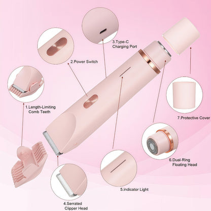 Electric Hair Trimmer for Women Dual Head IPX7 Waterproof USB Rechargeable Painless Bikini Trimmer Face Body Shaver Arms Legs Underarm