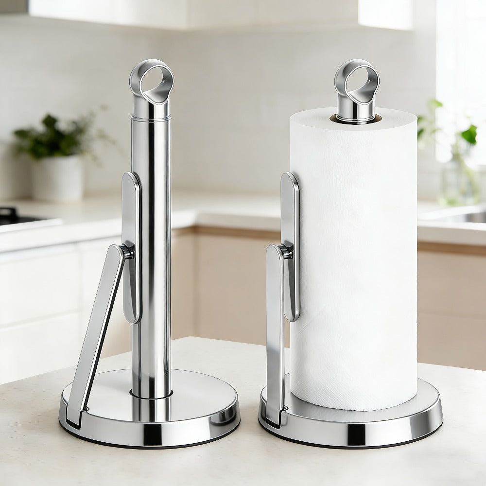Paper Towel Holder Countertop – Stainless Steel Standing Dispenser with Tension Arm for One-Handed Tear