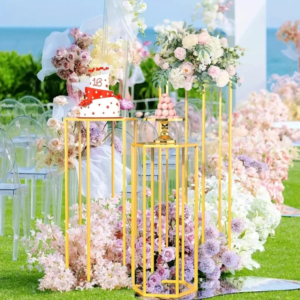 Golden Metal Dessert Display Stands with Three-Piece Square Pedestal Set or Double-Layer Hexagon Stand