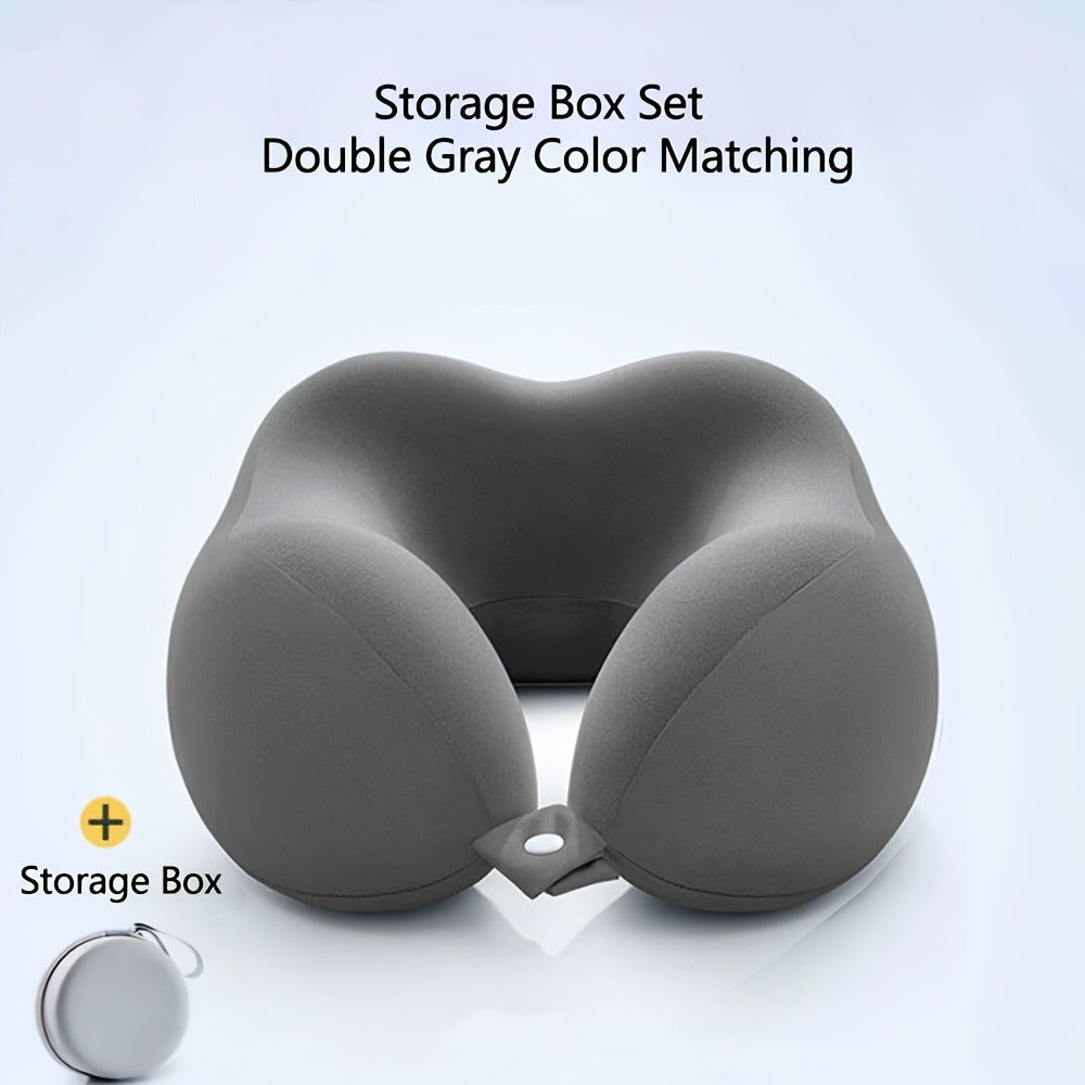 Rollable Memory Foam Travel Neck Pillow with Round Storage Case in Beige, Black or Pink-and-Gray Color Block