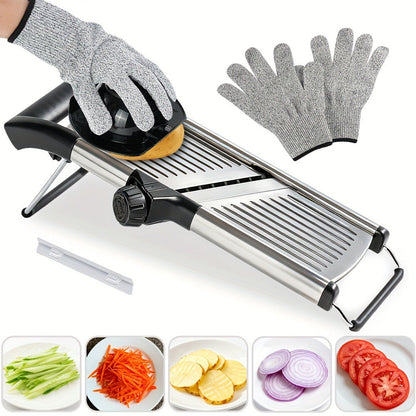 Adjustable Mandoline Slicer with Five Thickness Settings, Hand Guard and Optional Protective Gloves