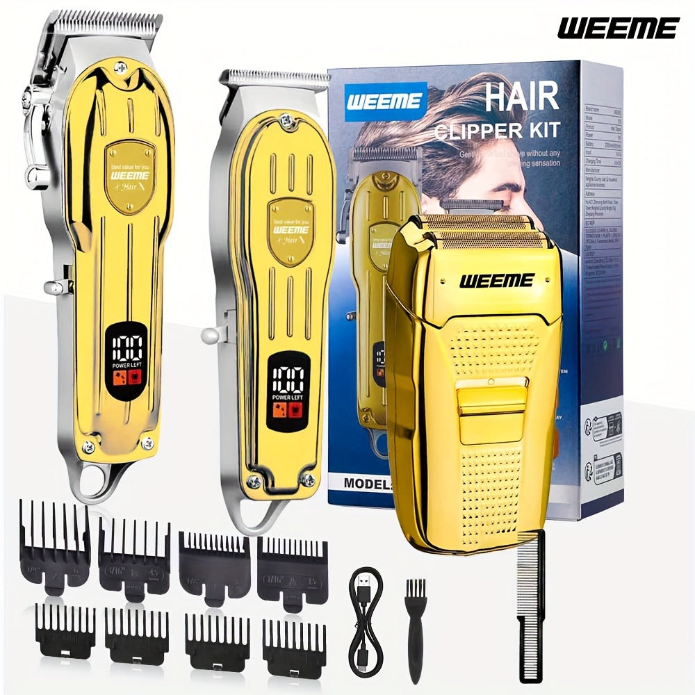 T-Blade Hair Clipper Set for Men – Golden Series USB Rechargeable Trimmer Kit with Guide Combs & Cleaning Brush, 1pc 2pcs 3pcs Options