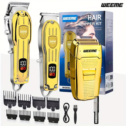 T-Blade Hair Clipper Set for Men – Golden Series USB Rechargeable Trimmer Kit with Guide Combs & Cleaning Brush, 1pc 2pcs 3pcs Options