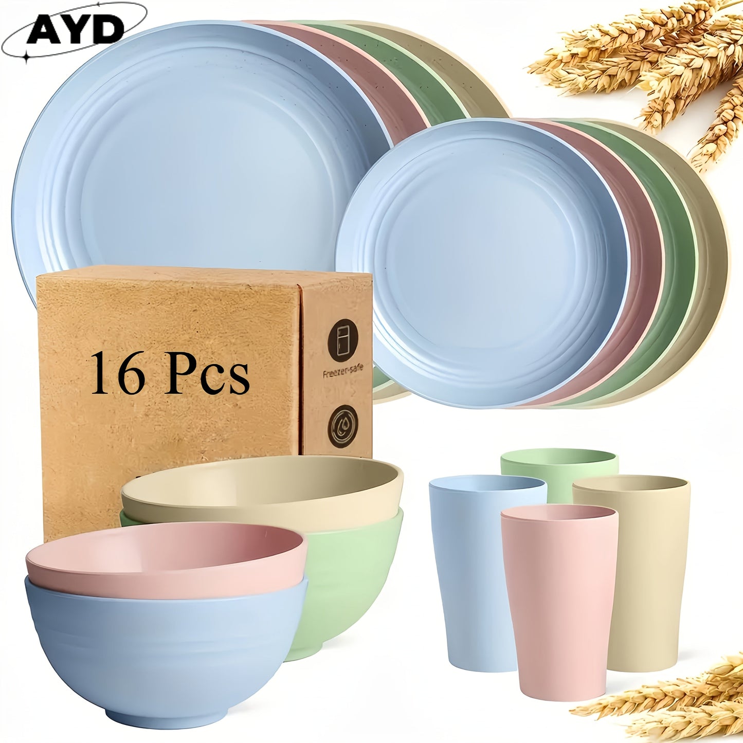 Wheat Straw Dinnerware Set Unbreakable 16 or 32-Piece Service for 4 or 8, Lightweight Dishwasher Microwave Safe Dish Set with Plates Bowls