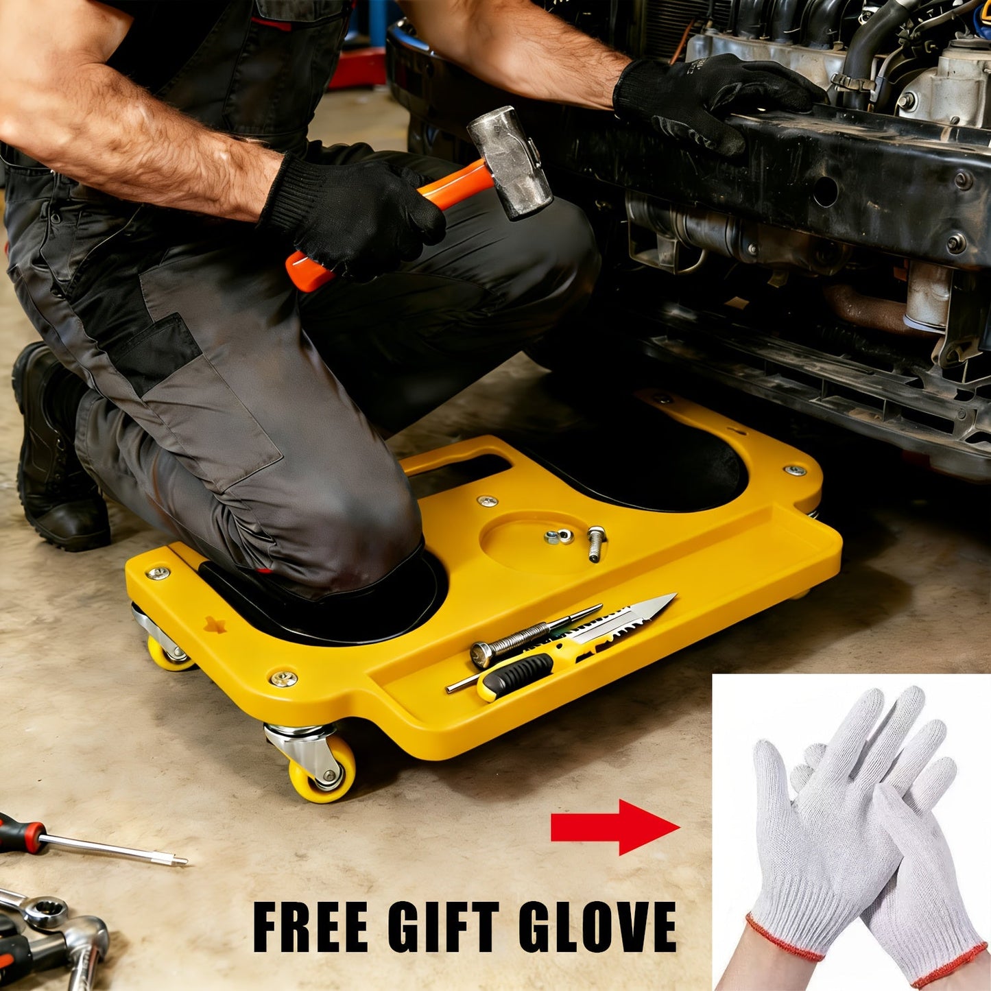 Rolling Knee Creeper Pad with Built-In Tool Tray – ABS High-Impact Frame, Cushioned Kneeling Pad for Car Repairs, Carpentry & Flooring