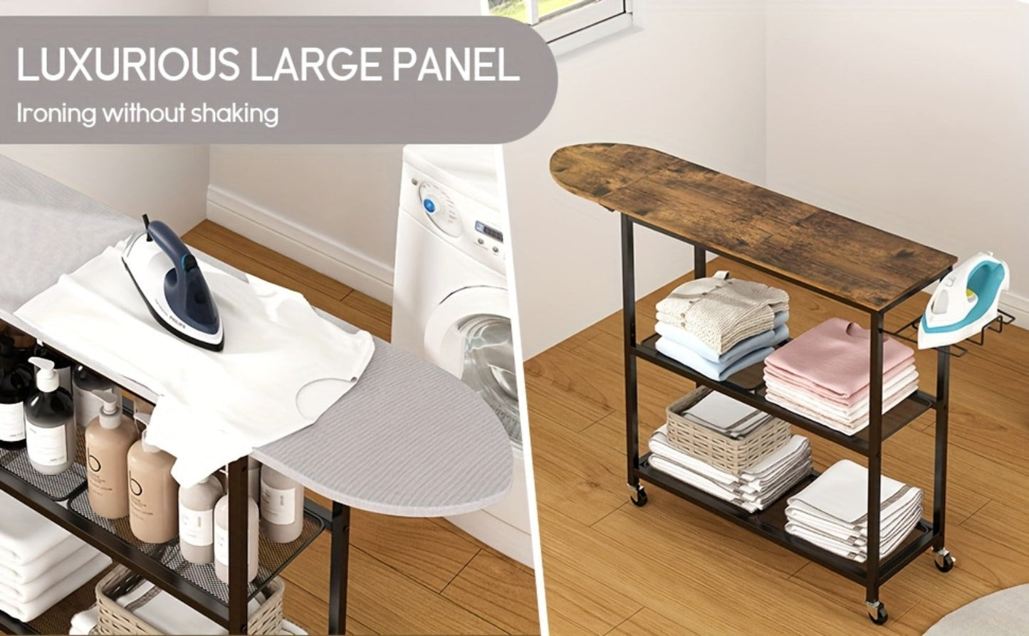 3-Tier Ironing Board Cart with Wheels, Rolling Laundry Station with Multi-Layer Storage Shelves for Living Room