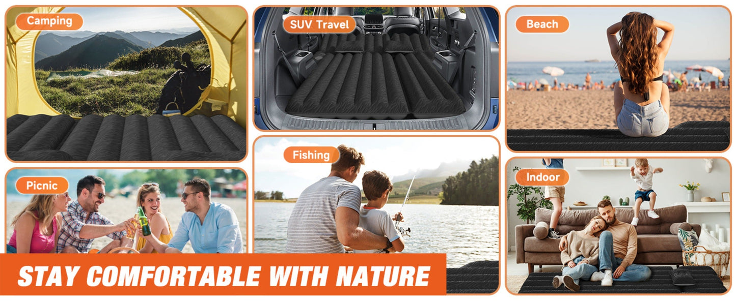 SUV Air Mattress for Camping Inflatable Car Bed with Air Pump 2 Pillows Flocking Surface Portable Sleeping Pad for SUV Backseat Road Trip