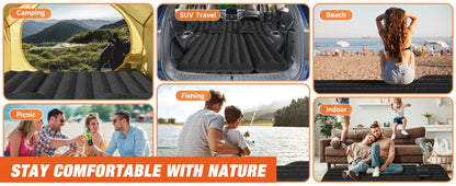 SUV Air Mattress for Camping Inflatable Car Bed with Air Pump 2 Pillows Flocking Surface Portable Sleeping Pad for SUV Backseat Road Trip