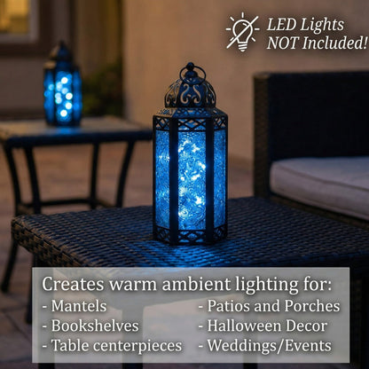 Moroccan Candle Lantern Holder - Decorative Metal & Glass Lantern with Embossed Floral Design for Indoor Home Decor