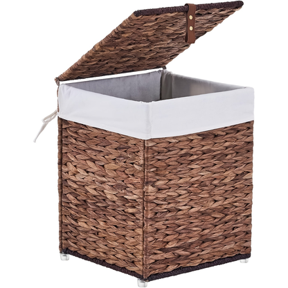 Laundry Basket with Lid & Handles – Handwoven Water Hyacinth Wicker Hamper, Removable Cotton Liner