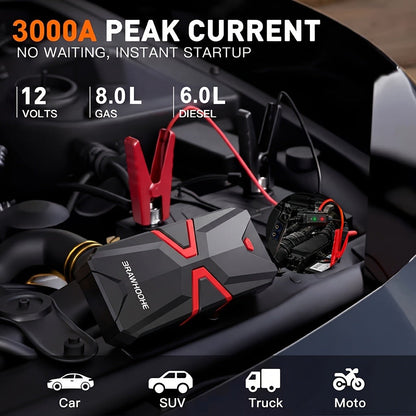 Portable Car Jump Starter with Tire Inflator – 3000A Peak 12V Battery Booster, USB Power Bank, LED Emergency Light