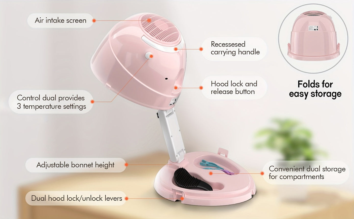1875W Ionic Hooded Hair Dryer Bonnet Sit Under Hair Dryer for Women 3 Heat Settings, for Home, Travel and Salon Hair Styling