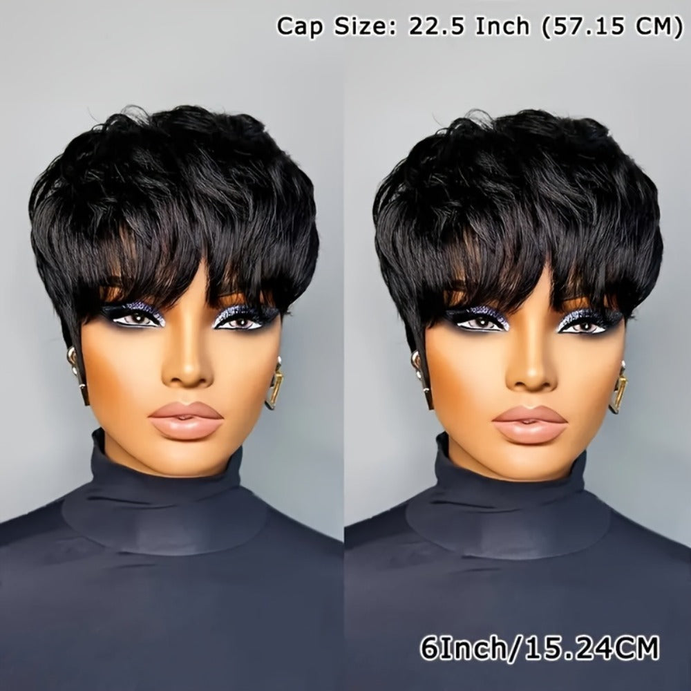 Straight Pixie Human Hair Wig with Bangs, Black 6-Inch Length and Approximately 22.5-Inch Cap