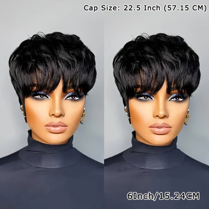 Straight Pixie Human Hair Wig with Bangs, Black 6-Inch Length and Approximately 22.5-Inch Cap