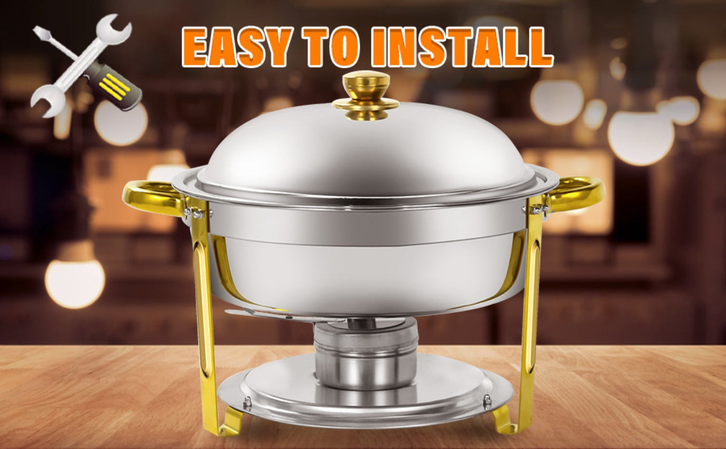Golden Chafing Dish Buffet Set with Glass Lid 6QT Round Stainless Steel Food Warmer Chafer for Catering Party Dinners Weddings