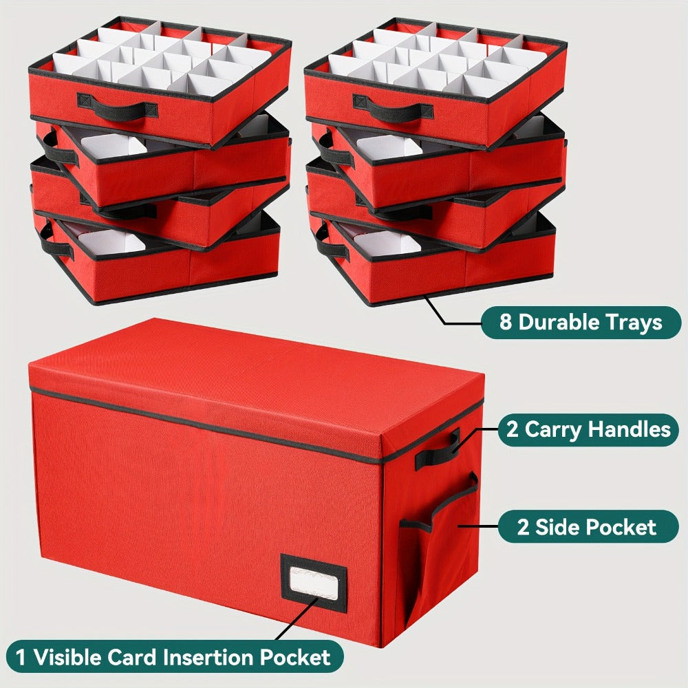Christmas Ornament Storage Box 128 Slots 8 Trays Stackable Large Capacity Holiday Organizer with Lid Side Open Adjustable Dividers Removable