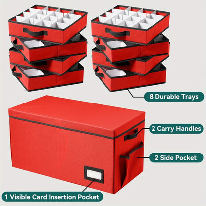Christmas Ornament Storage Box 128 Slots 8 Trays Stackable Large Capacity Holiday Organizer with Lid Side Open Adjustable Dividers Removable