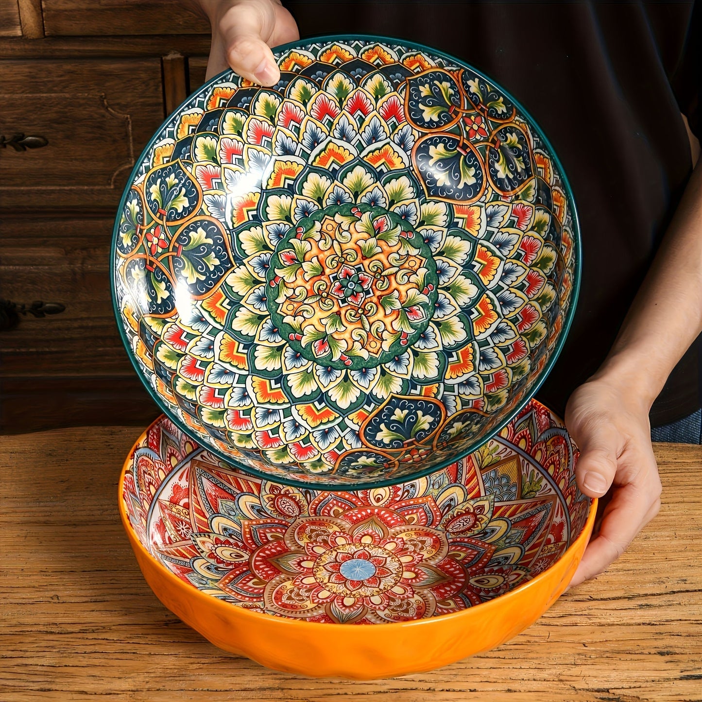 Ceramic Soup Bowl Set 2pcs Bohemian Floral Hand-Painted 25.8cm Vintage Tableware for Cooking Dining Gift