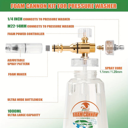 Foam Cannon Pressure Washer Kit – 9-Piece Set, Dual Connector, 5 Nozzle Tips, 1/4" Quick Connect, 5000 PSI Car Wash Lance