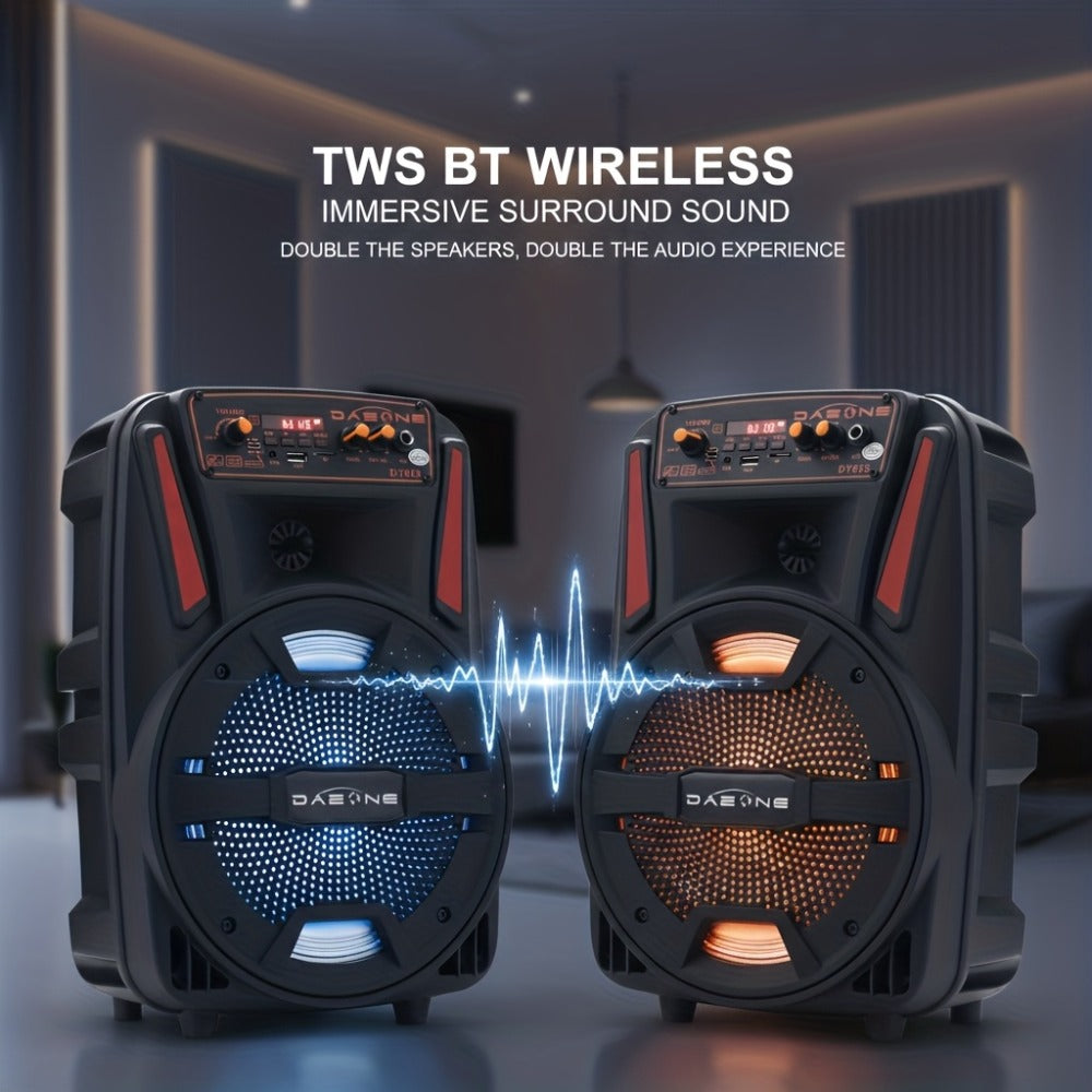 1000W Portable Party Speaker with 8-Inch Woofer, Karaoke Microphone, RGB Lights, Bluetooth, FM, USB & TWS