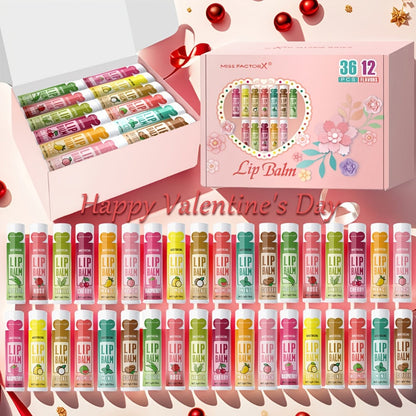 Lip Balm 36-Piece Tinted Gift Set with 12 Flavors, Glossy Finish and Colorful Tube Packaging