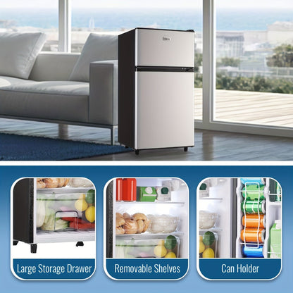 Small Fridge with Freezer, 2-Door Compact Refrigerator with 7-Level Adjustable Thermostat, Removable Shelves & Basket