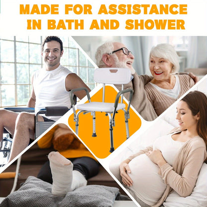 Shower Chair with Armrests & Backrest, Height Adjustable Aluminum Bath Seat, Rubber Feet, Cushioned Support for Elderly
