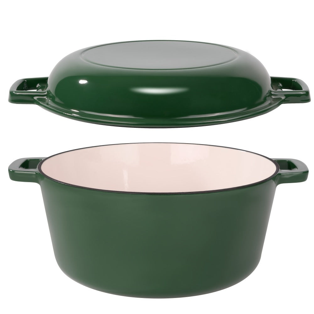 6QT Enameled Cast Iron Dutch Oven with Reversible 2QT Skillet-Style Lid and Four Color Options
