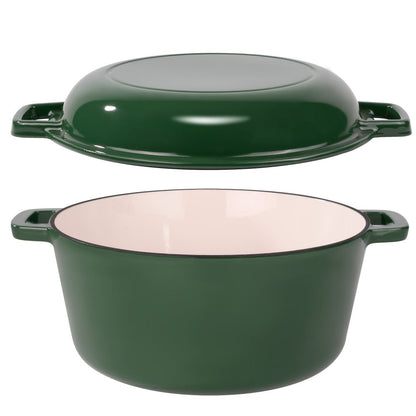 6QT Enameled Cast Iron Dutch Oven with Reversible 2QT Skillet-Style Lid and Four Color Options