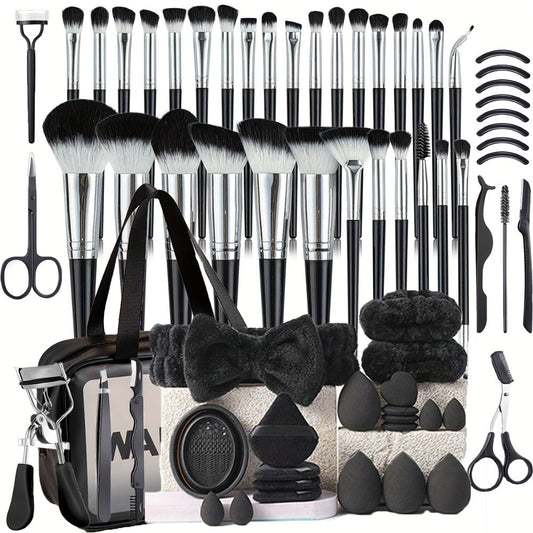 68PCS Makeup Tool Set 30 Black Brushes 17 Eyelash Tools with Wash Bowl & Bag – Complete Face Eye Lash Kit Foundation Contour Blush Eyeshadow