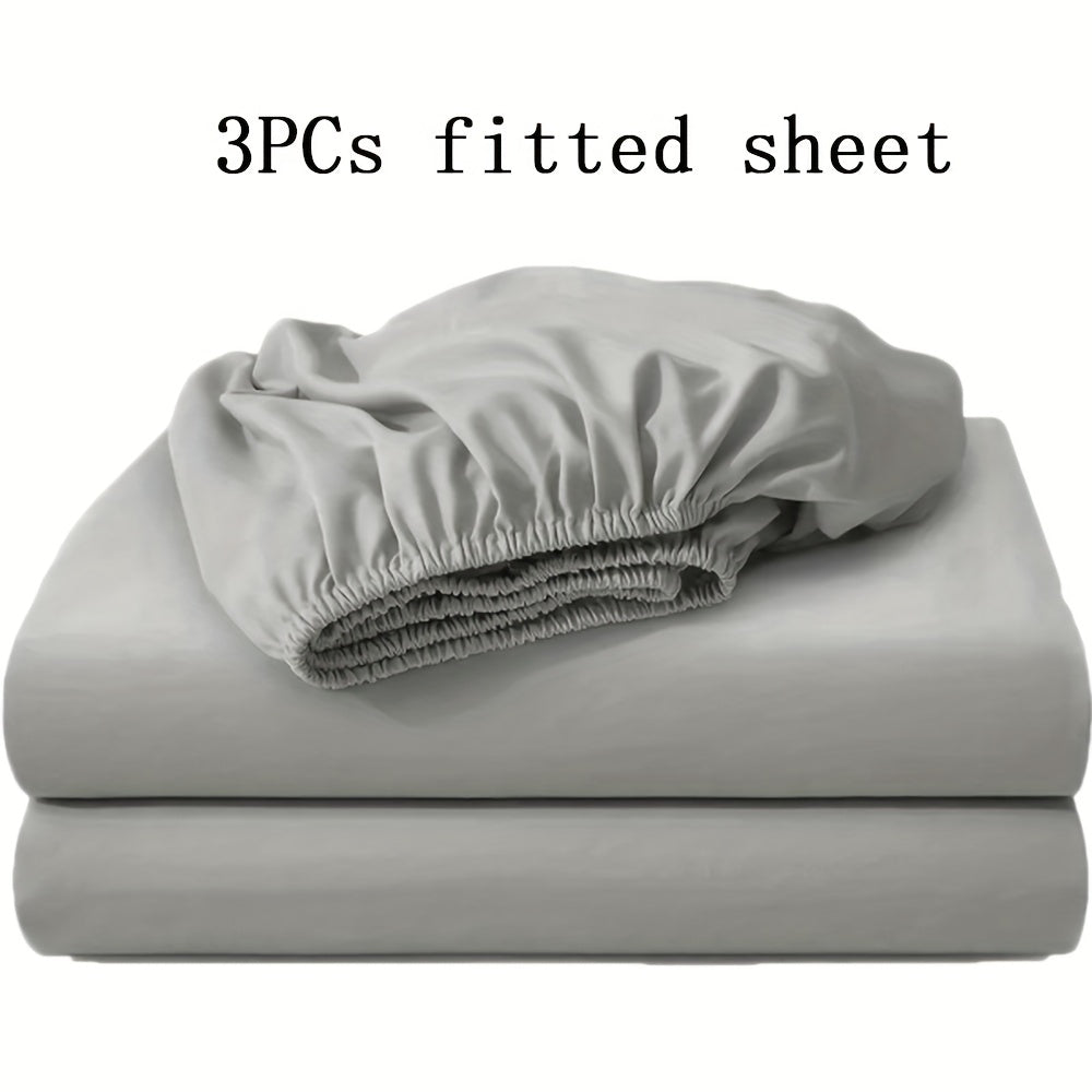 Three-Piece Solid-Color Fitted Sheet Set with Two Pillowcases, Nine Colors and Four Bed Sizes
