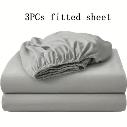 Three-Piece Solid-Color Fitted Sheet Set with Two Pillowcases, Nine Colors and Four Bed Sizes
