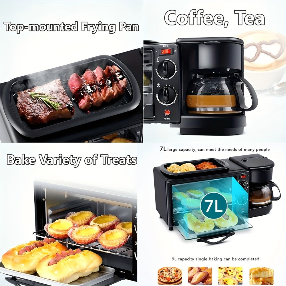 3-in-1 Breakfast Station Maker - Coffee Maker + Toaster + Frying Pan Combo, One-Touch Timing Fast Cooking