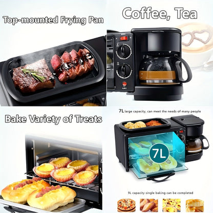 3-in-1 Breakfast Station Maker - Coffee Maker + Toaster + Frying Pan Combo, One-Touch Timing Fast Cooking