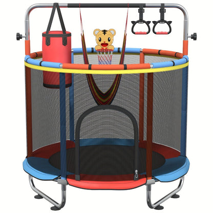 60 Inch Trampoline with Enclosure and Gymnastics Bar, Height Adjustable Indoor Outdoor Round Trampoline with Toys for Kids