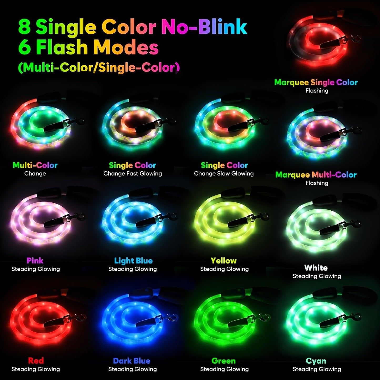 Four-Foot LED Dog Leash in White with Rechargeable Light Strip and Seven Pictured Lighting Modes