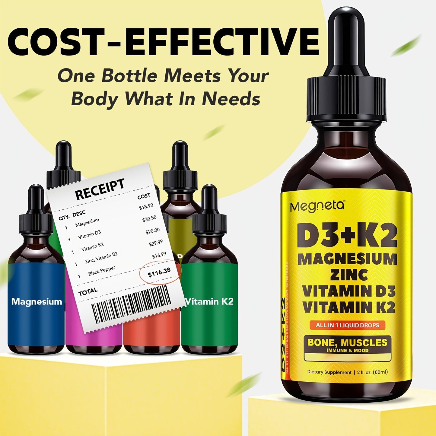 Vitamin D3 Liquid Drops 10000 IU with K2 MK-7 120mcg Magnesium Zinc Vitamin B2 for Bath Time, Home Spa and Personal Care