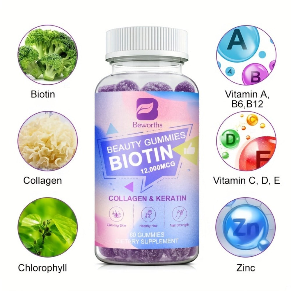 Biotin Gummies 12000mcg, with Collagen, Keratin, Chlorophyll, Zinc & Vitamins A B6 B12 C D E, Hair